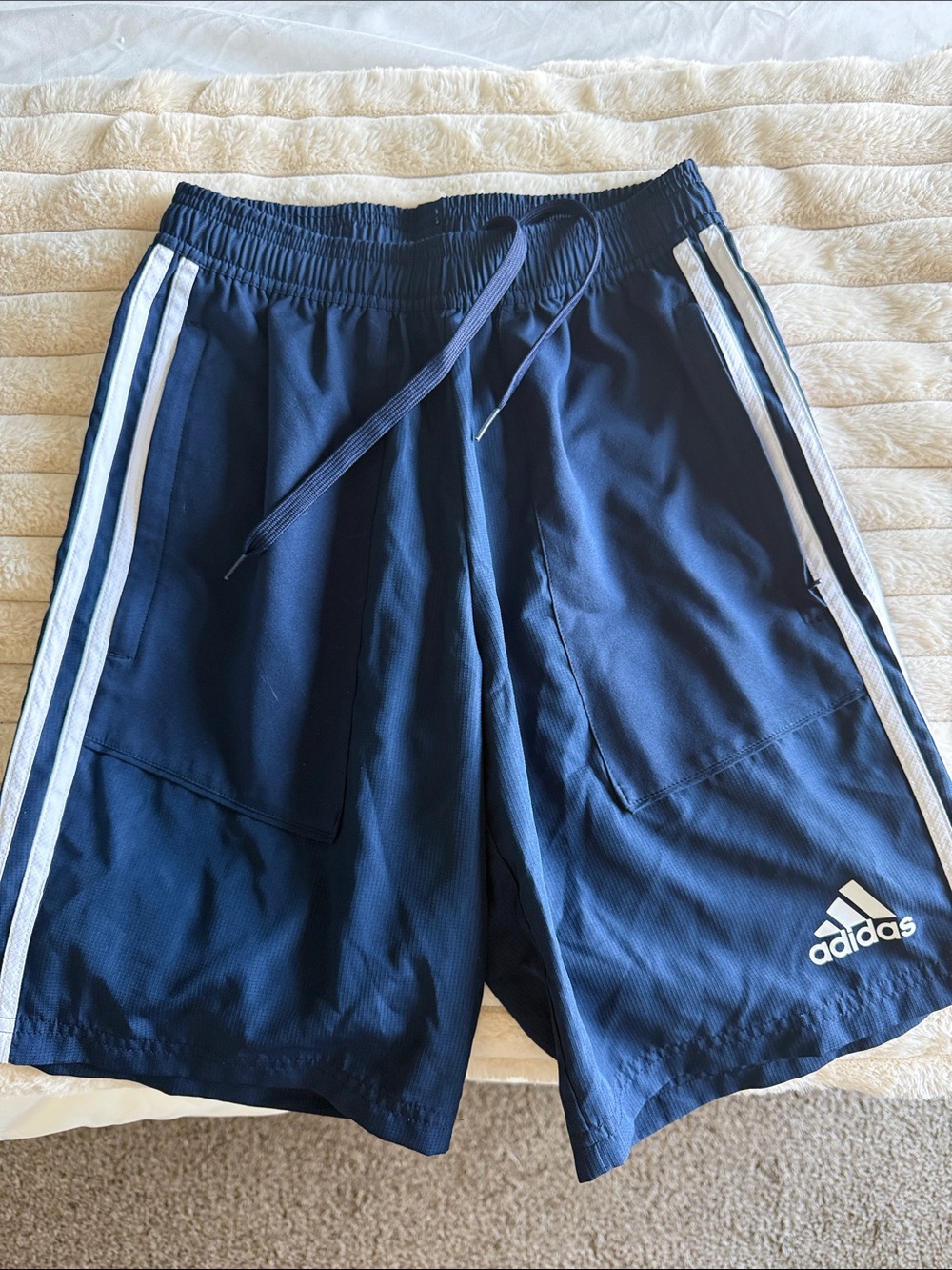 New adidas Navy Athletic Shorts with White Stripes